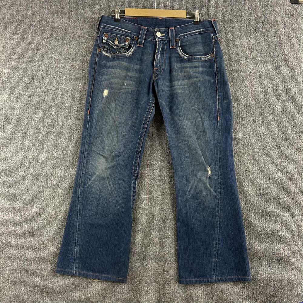 Vintage True Religion Jeans Mens 33 Joey Bootcut Blue Distressed Made in USA Y2K